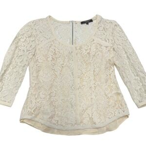 Nanette Lepore Blouse Women 6 Cream Lace Floral 3/4 Sleeve Exposed Zipper